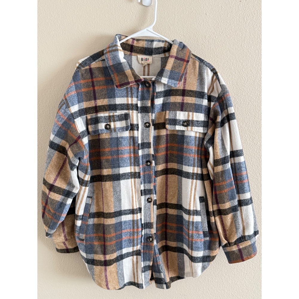 BiBi Plaid Shacket in Cream, Blue, Tan & Black